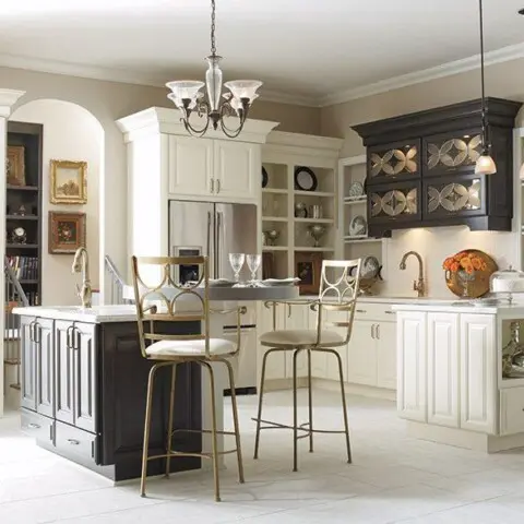 Off white kitchen cabinets dark gray accents