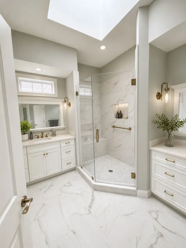 Luxury modern bathroom with marble flooring and walls, featuring a white vanity with brass fixtures, glass-enclosed walk-in shower, second sink with drawers, recessed and wall-mounted lighting, skylight, and fresh greenery in a vase.